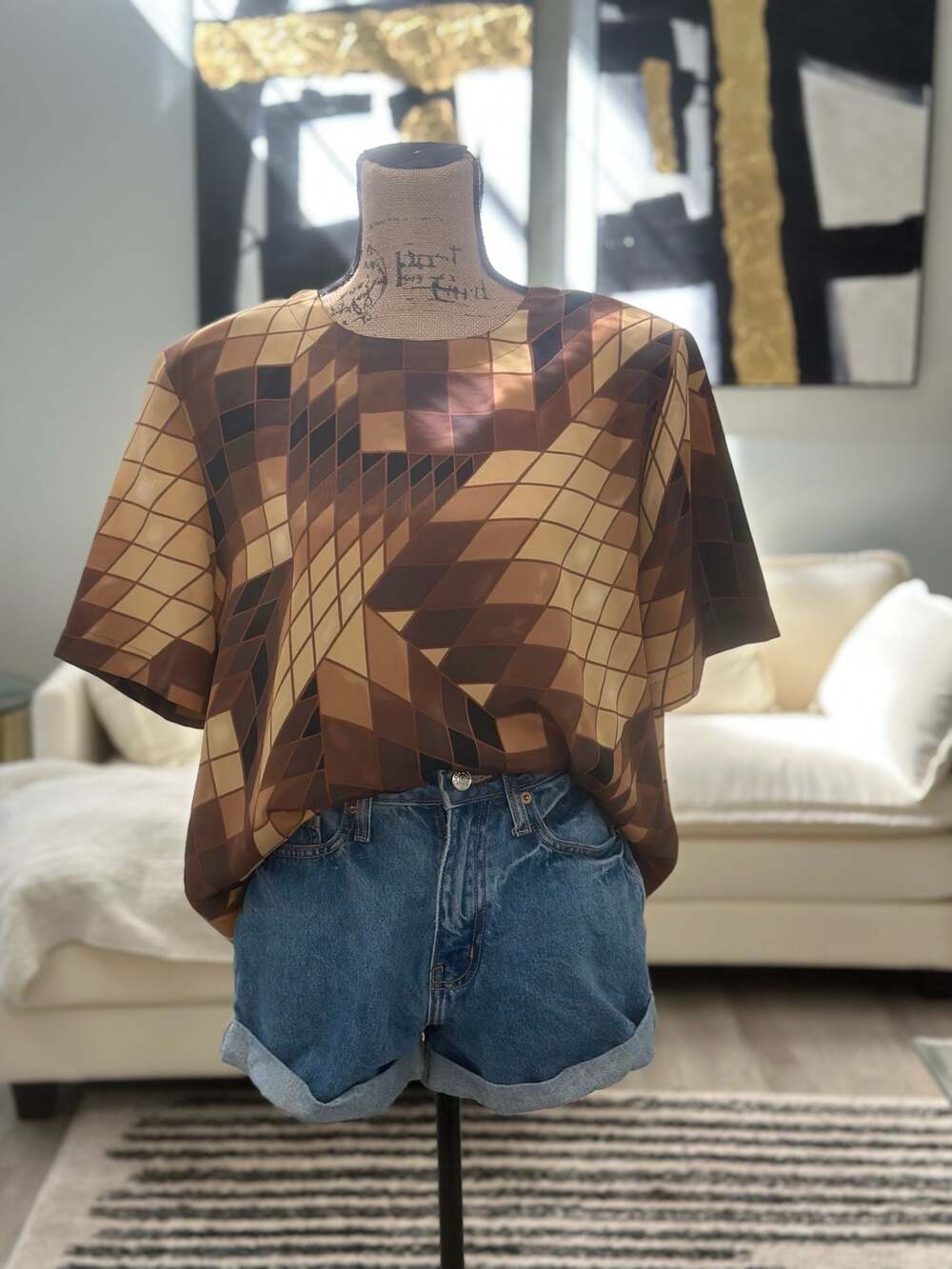 Modern Essentials Geometric Print Short Sleeve Blouse Size L